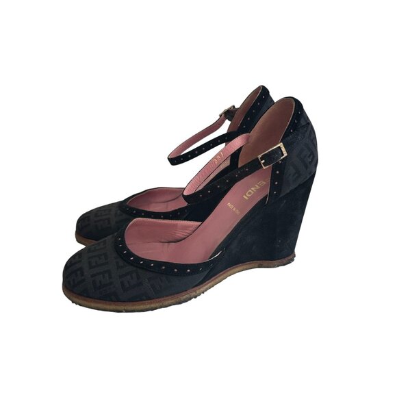FENDI Black Vintage Logo Sandals Wedges Size 38 - Picture 6 of 14